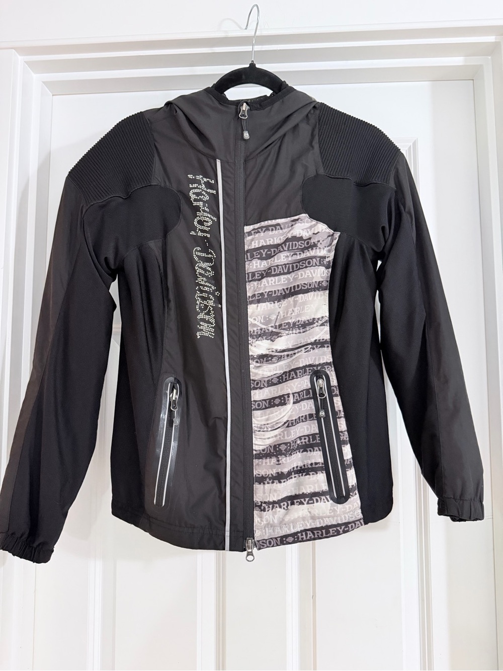 Womens Harley-Davidson Black Jacket with Gray Logo Panel and Rhinestone Script.